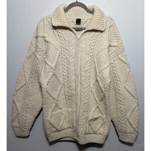 Casa De La Lana Vintage Wool Sweater Zip Up Cable Knit Cream Pockets Size XL